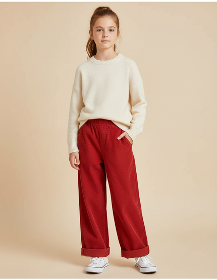 Pantalon Chino Rouge Côtelé Large Enfant Décontracté - Cordé