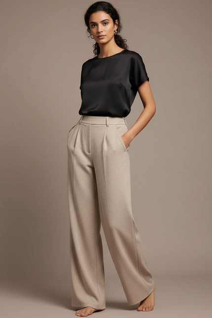 Pantalon Chino Beige Ample Plissé Élégant Femme - Laine
