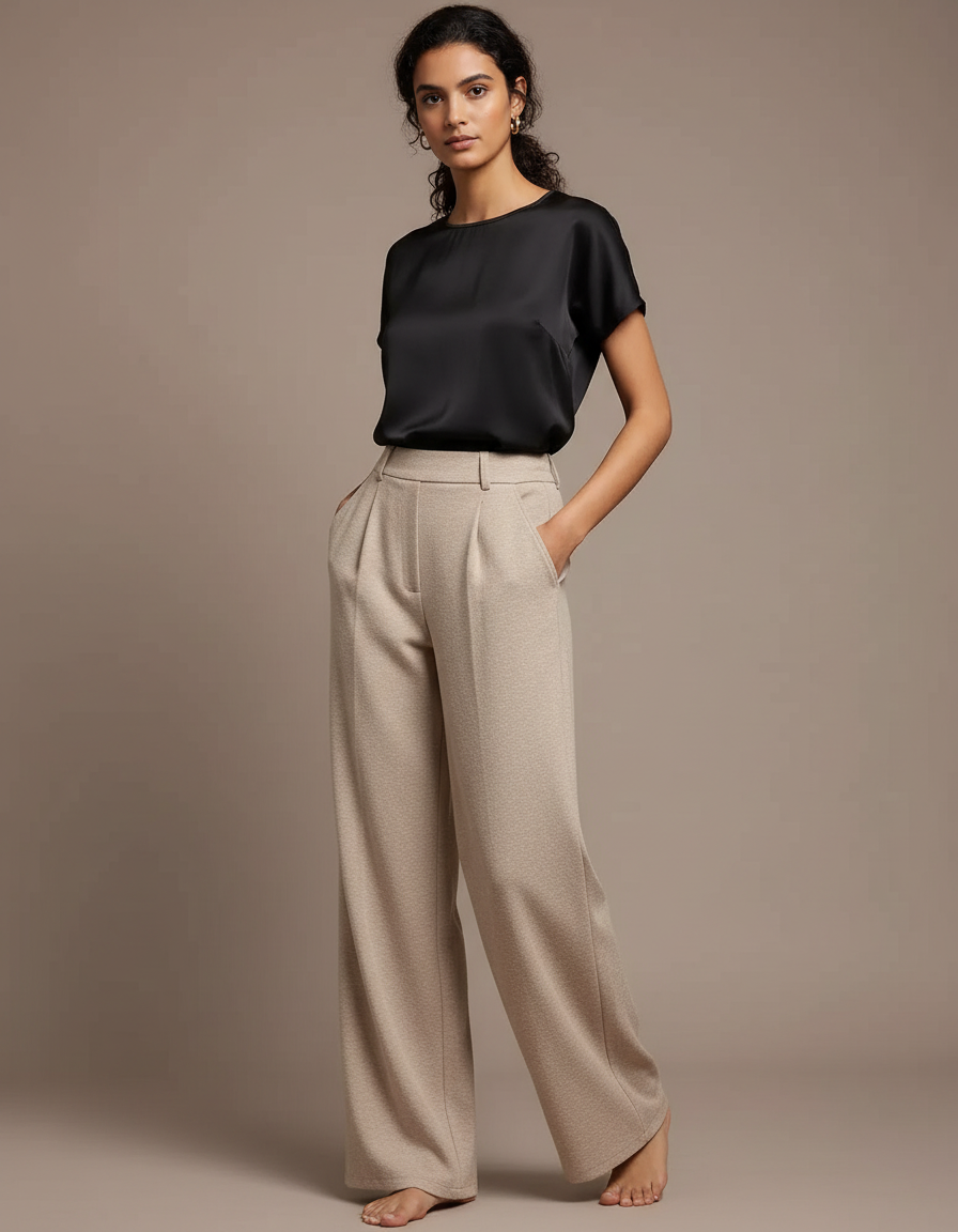 Pantalon Chino Beige Ample Plissé Élégant Femme - Laine
