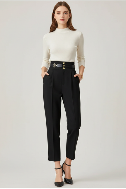 Pantalon Chino Noir Taille Haute Ample Boutons Dorés - Gabardine