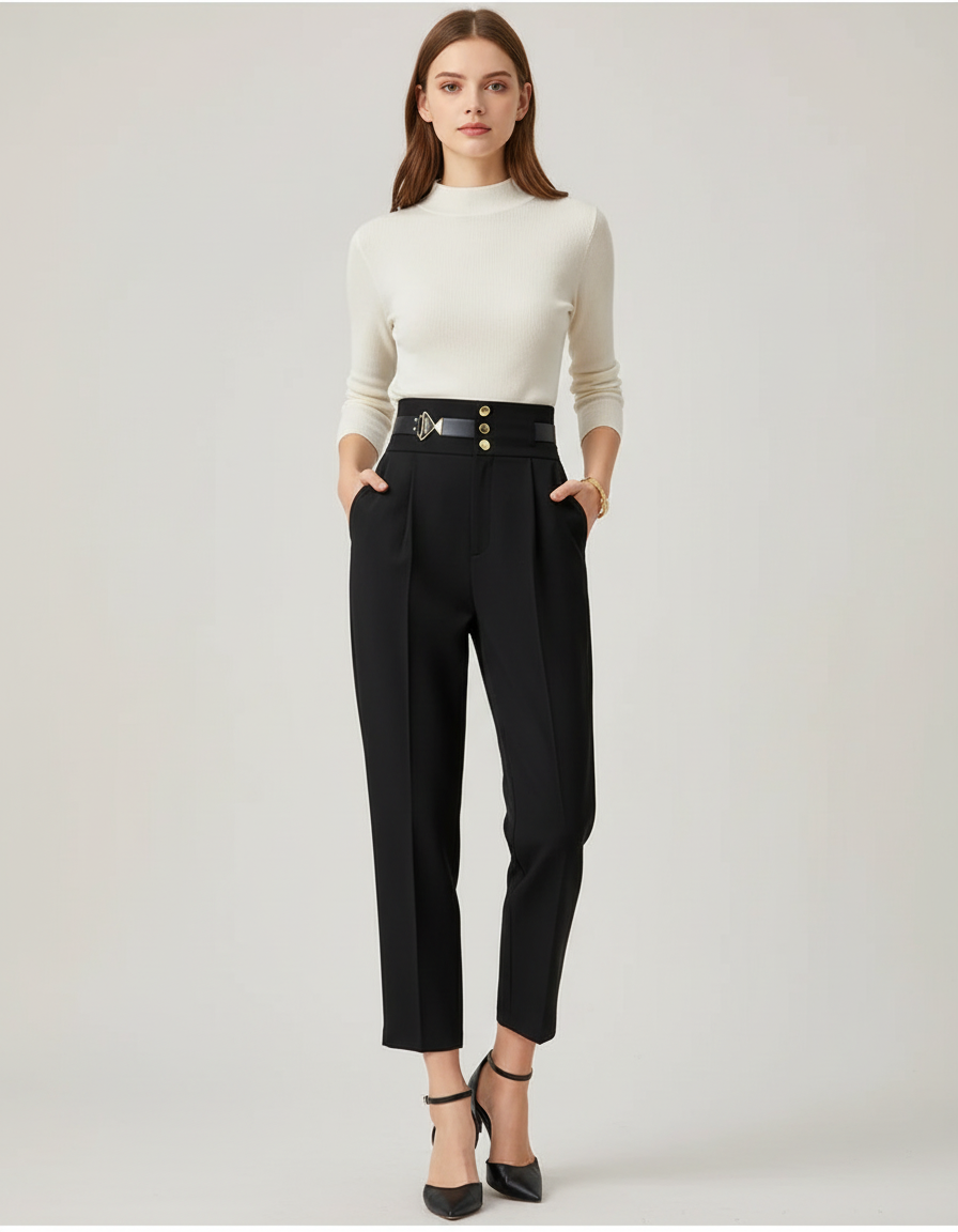 Pantalon Chino Noir Taille Haute Ample Boutons Dorés - Gabardine