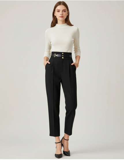 Pantalon Chino Noir Taille Haute Ample Boutons Dorés - Gabardine