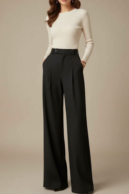 Pantalon Chino Noir Ample Plissé Taille Haute Élégant - Gabardine