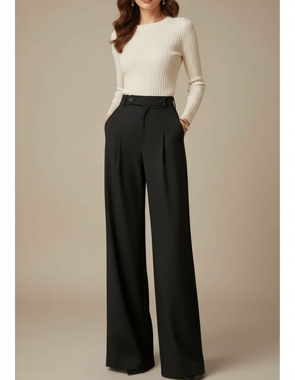 Pantalon Chino Noir Ample Plissé Taille Haute Élégant - Gabardine