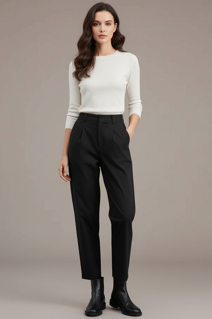 Pantalon Chino Noir Plissé Taille Haute Femme Fluide - Gabardine