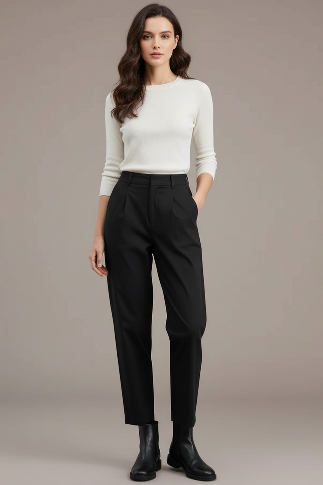 Pantalon Chino Noir Plissé Taille Haute Femme Fluide - Gabardine