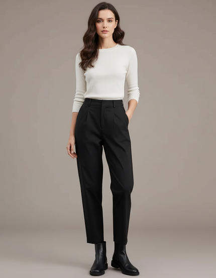 Pantalon Chino Noir Plissé Taille Haute Femme Fluide - Gabardine