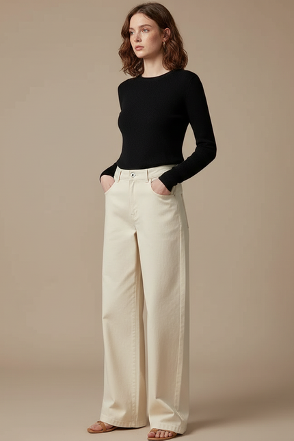 Pantalon Chino Écru Ample Taille Haute Femme - Beige Gabardine