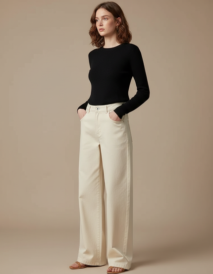 Pantalon Chino Écru Ample Taille Haute Femme - Beige Gabardine