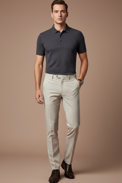 Pantalon Chino Écru Carreaux Slim Habillé Homme - Beige Gabardine