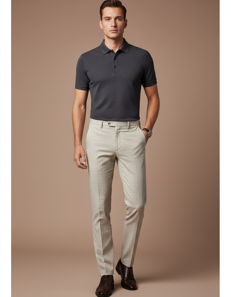 Pantalon Chino Écru Carreaux Slim Habillé Homme - Beige Gabardine