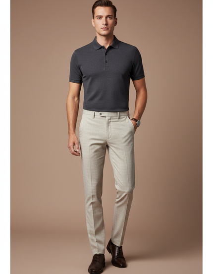Pantalon Chino Écru Carreaux Slim Habillé Homme - Beige Gabardine