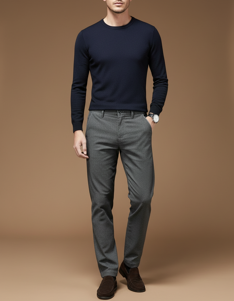 Pantalon Chino Gris Slim Micro-Motif Hiver Homme - Laine