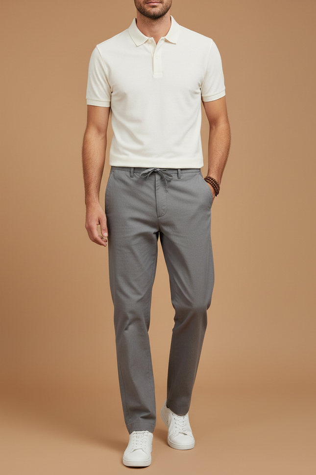 Pantalon Chino Gris Coton Cordon Ample Décontracté