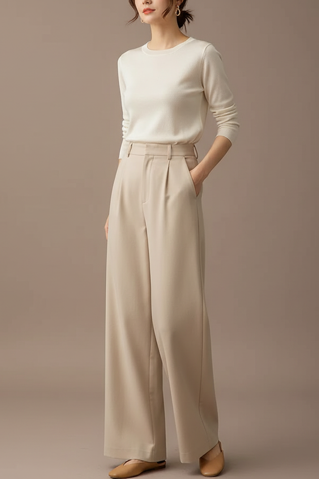 Pantalon Chino Beige Ample Fluide Décontracté Élégant - Polyester