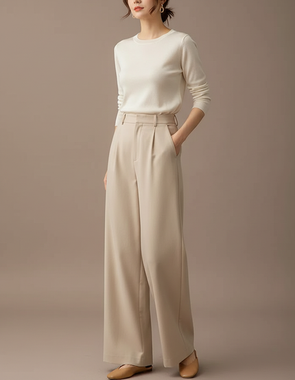 Pantalon Chino Beige Ample Fluide Décontracté Élégant - Polyester