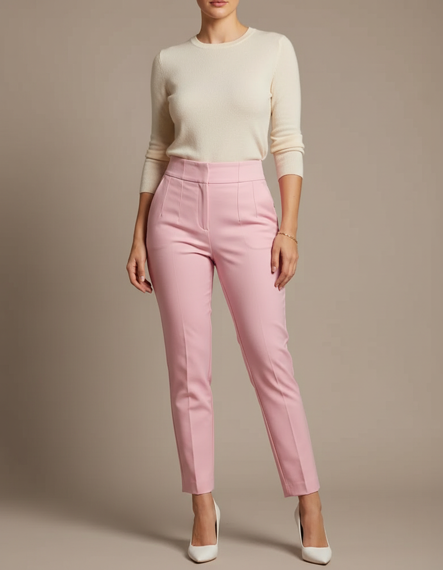 Pantalon Chino Rose Slim Taille Haute Élégant Femme - Gabardine
