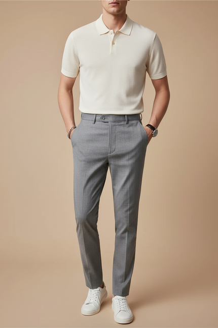 Pantalon Chino Gris Rayures Fines Élégant Slim Homme - Laine