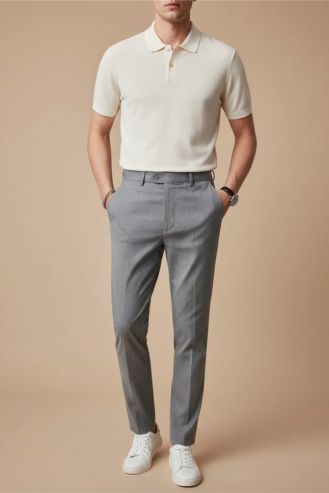 Pantalon Chino Gris Rayures Fines Élégant Slim Homme - Laine