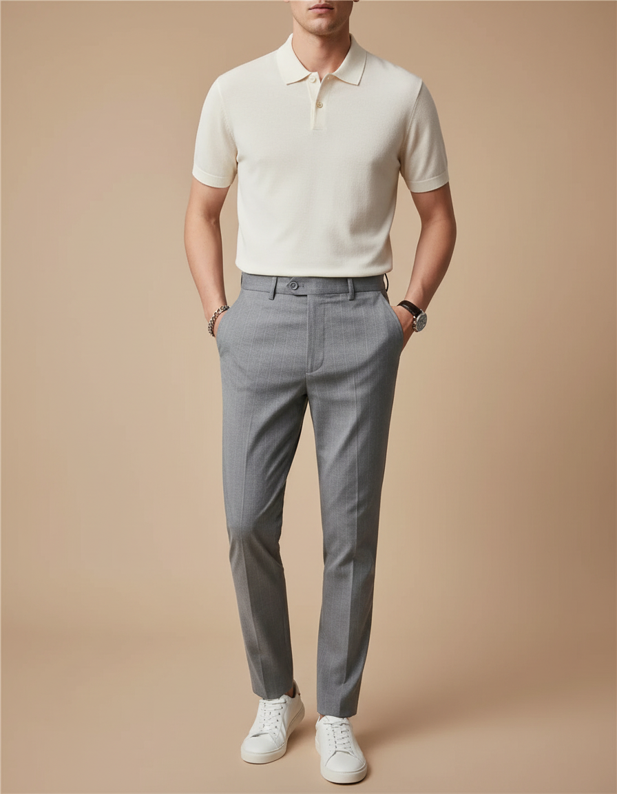 Pantalon Chino Gris Rayures Fines Élégant Slim Homme - Laine