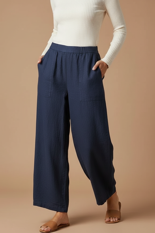 Pantalon Chino Bleu Marine Ample Lin Décontracté