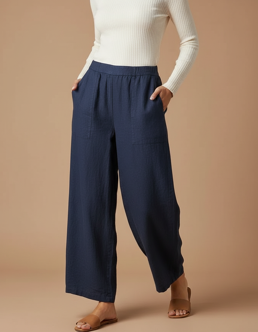 Pantalon Chino Bleu Marine Ample Lin Décontracté