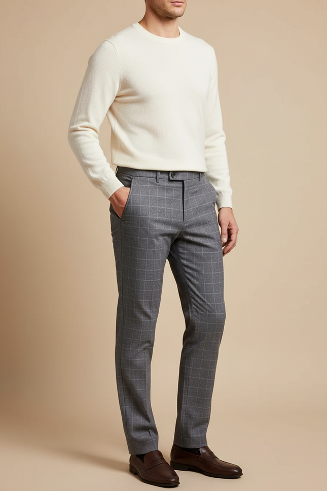 Pantalon Chino Homme Slim Carreaux Gris Élégant - Laine