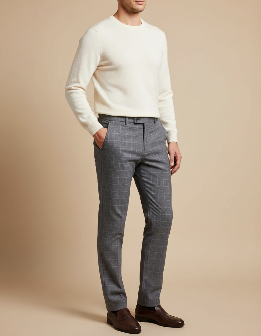 Pantalon Chino Homme Slim Carreaux Gris Élégant - Laine