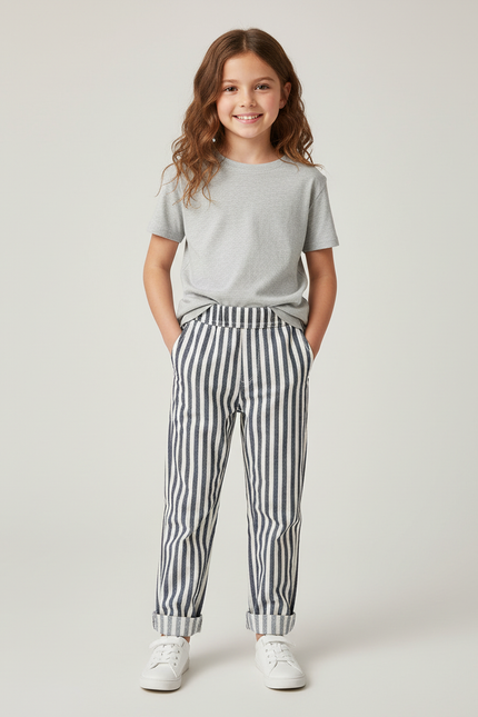 Pantalon Chino Rayé Noir Blanc Décontracté Enfant Coton - Imprimé