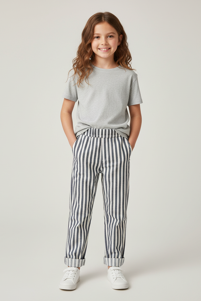 Pantalon Chino Rayé Noir Blanc Décontracté Enfant Coton - Imprimé