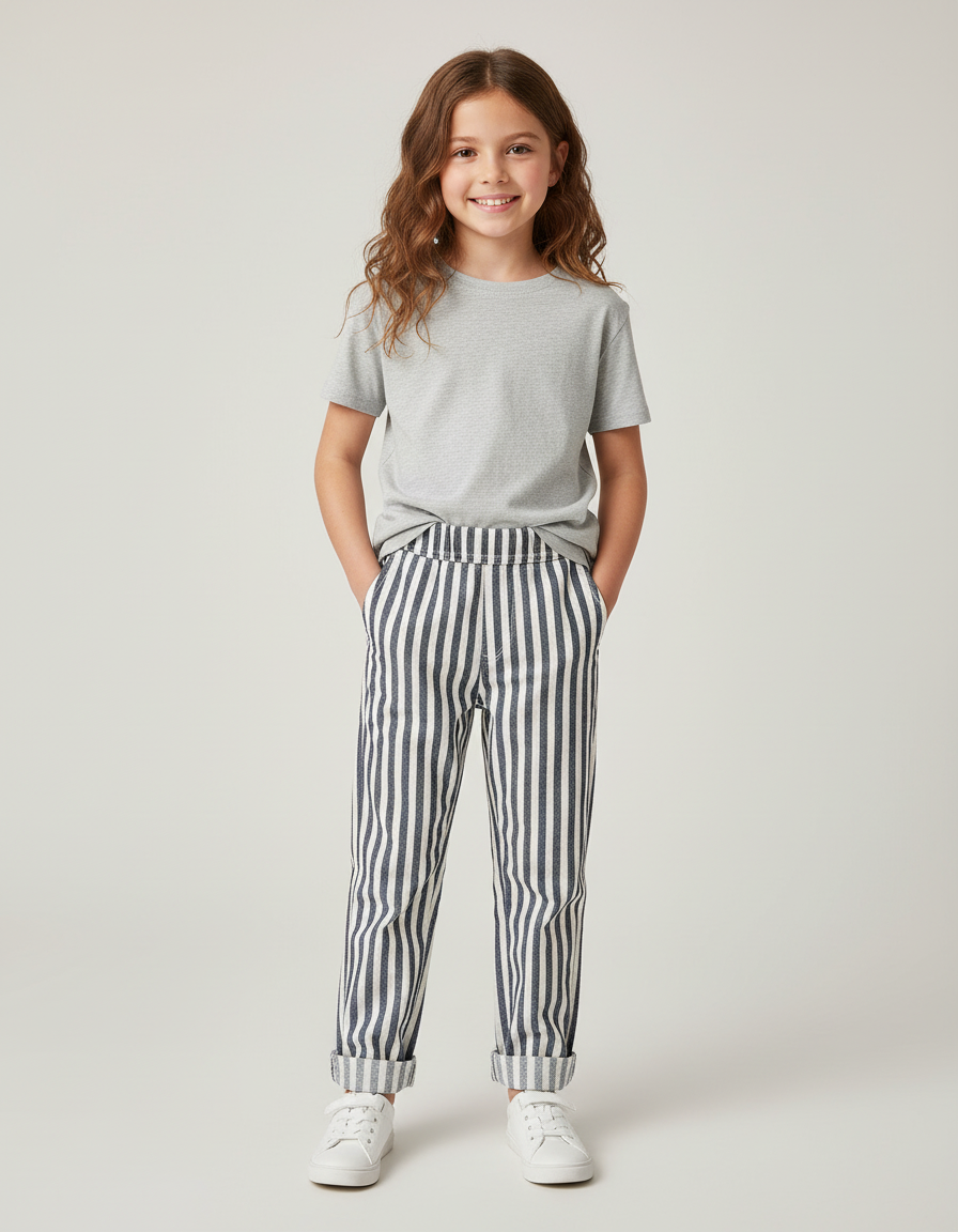 Pantalon Chino Rayé Noir Blanc Décontracté Enfant Coton - Imprimé