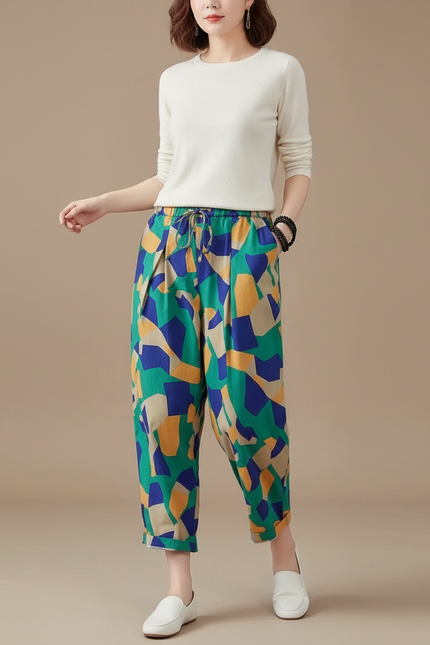 Pantalon Chino Lin Coton Ample Imprimé Géométrique Fluide