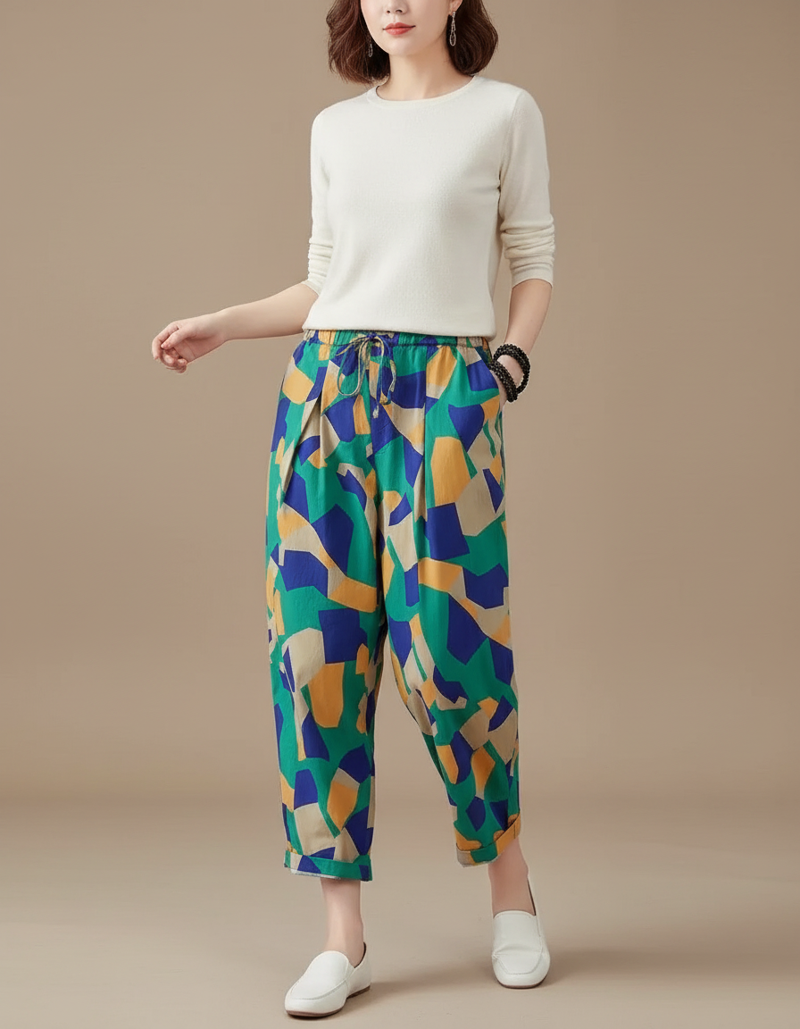 Pantalon Chino Lin Coton Ample Imprimé Géométrique Fluide