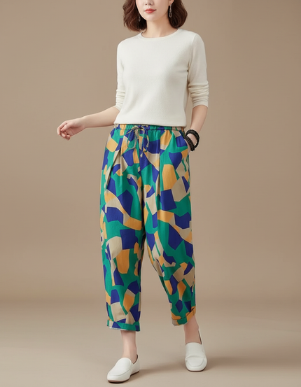 Pantalon Chino Lin Coton Ample Imprimé Géométrique Fluide