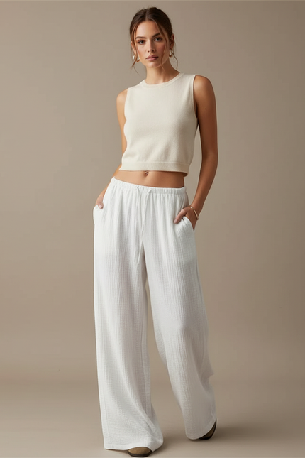 Pantalon Chino Blanc Ample Texturé Décontracté Femme - Coton