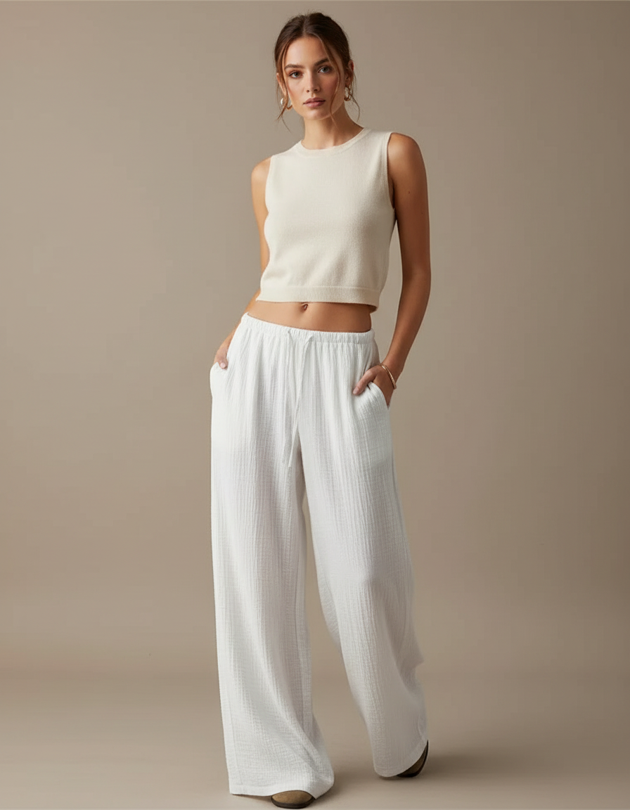 Pantalon Chino Blanc Ample Texturé Décontracté Femme - Coton
