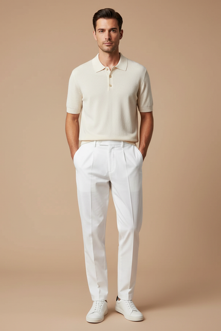 Pantalon Chino Blanc Droit Plissé Élégant Homme - Gabardine