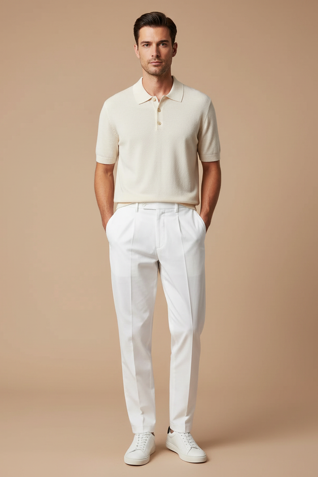 Pantalon Chino Blanc Droit Plissé Élégant Homme - Gabardine