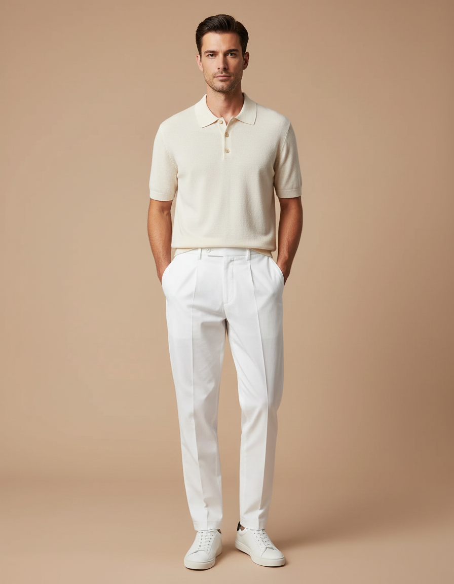 Pantalon Chino Blanc Droit Plissé Élégant Homme - Gabardine