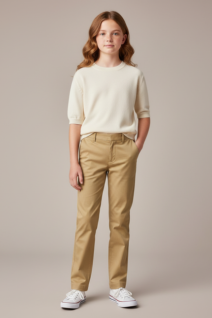Pantalon Chino Kaki Coton Droit Classique Fille