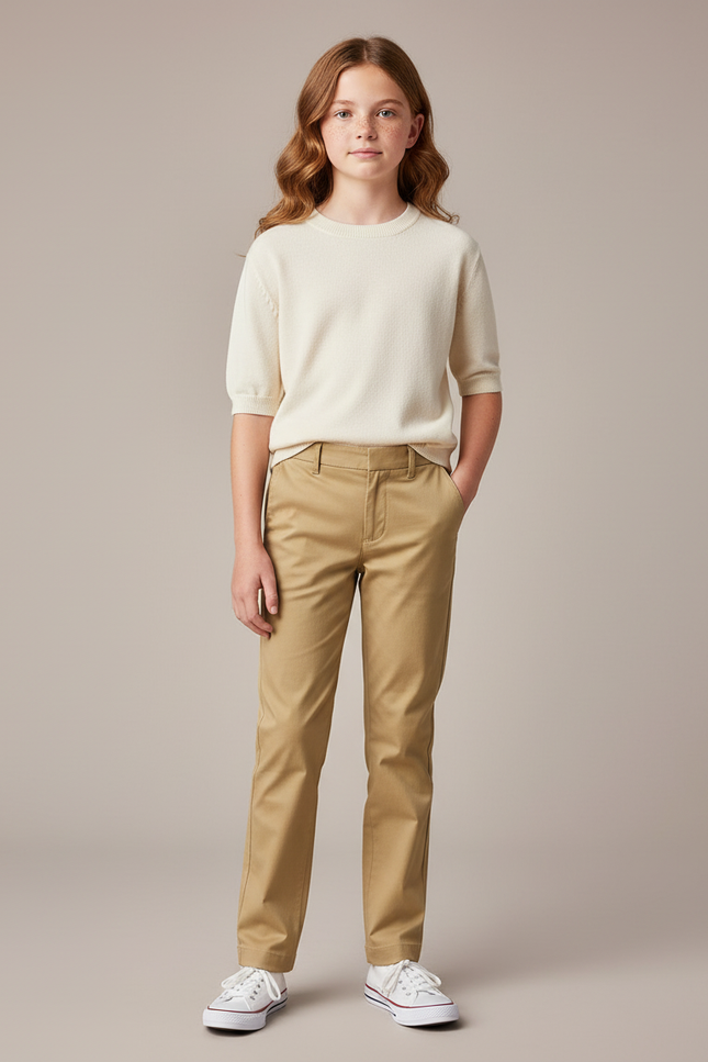 Pantalon Chino Kaki Coton Droit Classique Fille
