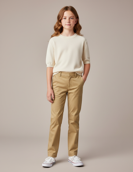 Pantalon Chino Kaki Coton Droit Classique Fille