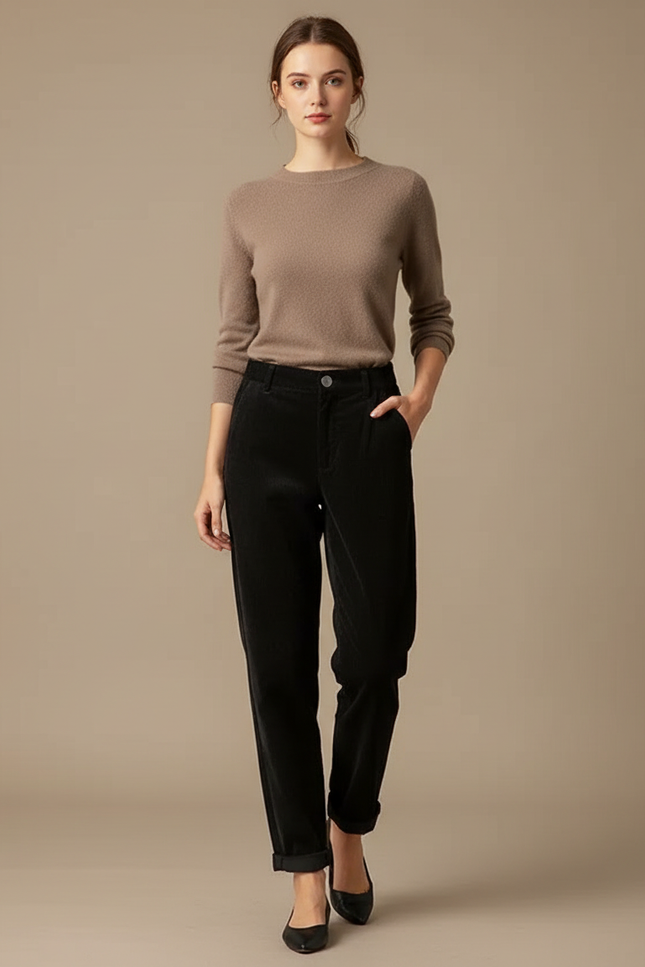 Pantalon Chino Noir Côtelé Ample Taille Haute Femme - Cordé