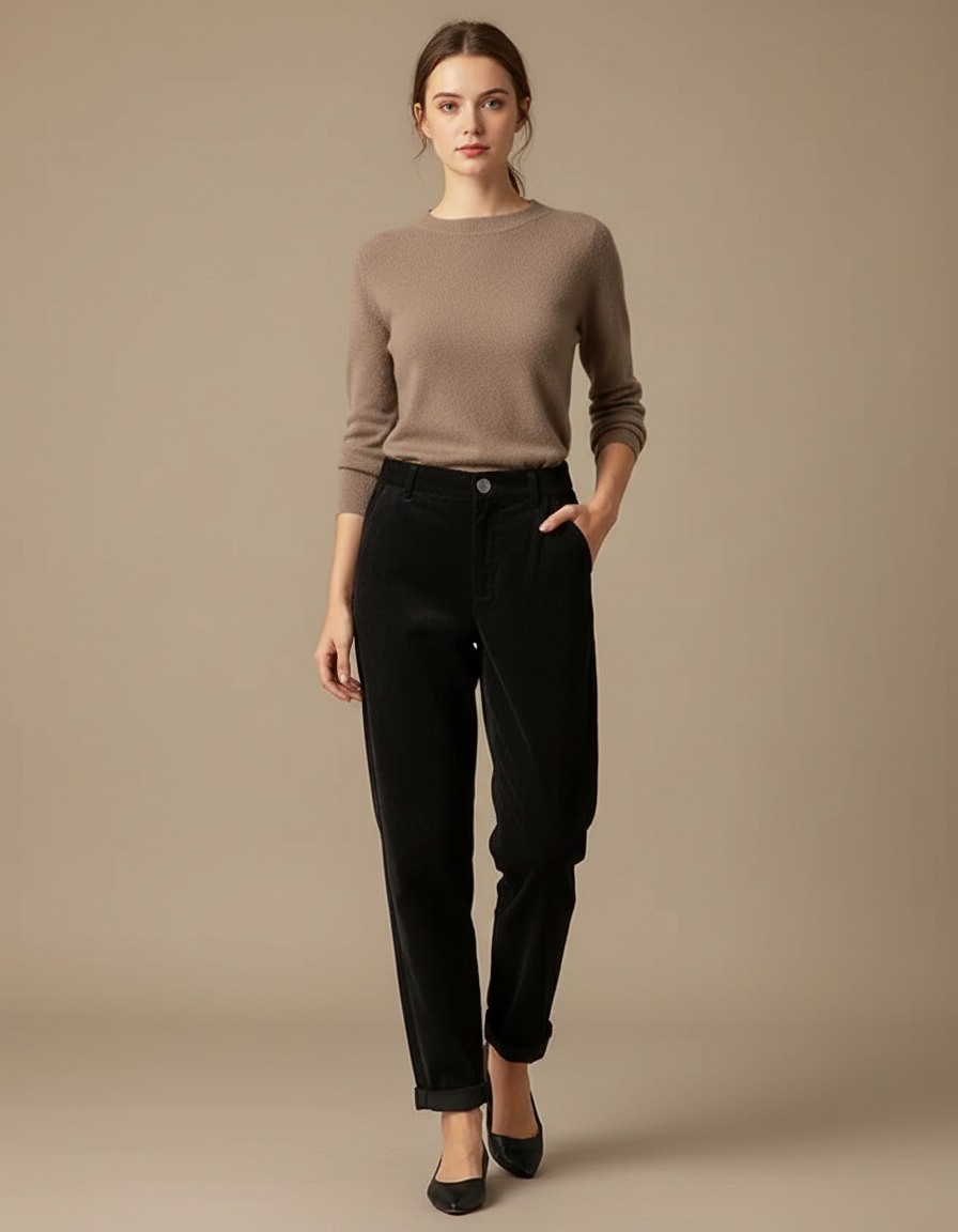 Pantalon Chino Noir Côtelé Ample Taille Haute Femme - Cordé