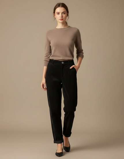 Pantalon Chino Noir Côtelé Ample Taille Haute Femme - Cordé
