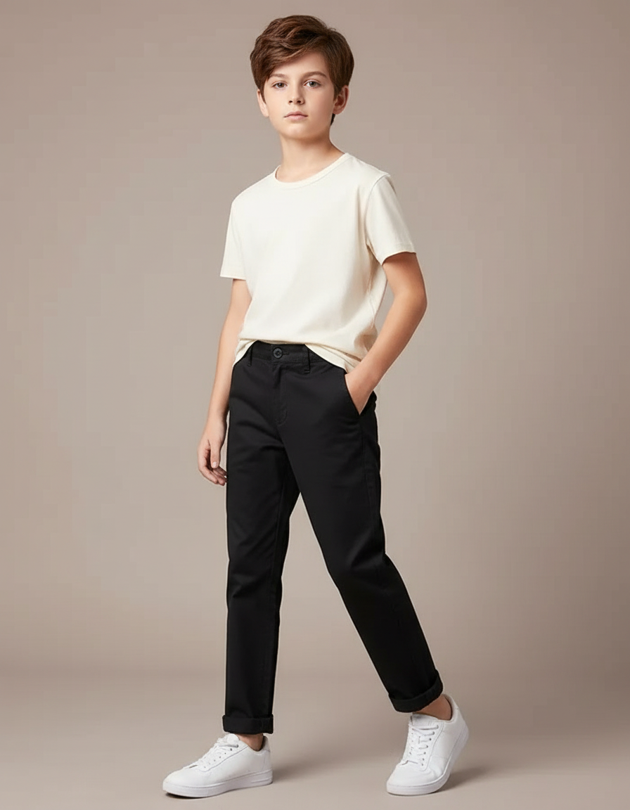 Pantalon Chino Noir Coton Droit Basique Enfant