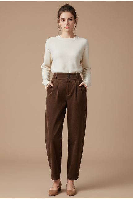 Pantalon Chino Marron Côtelé Plissé Ample Femme - Cordé