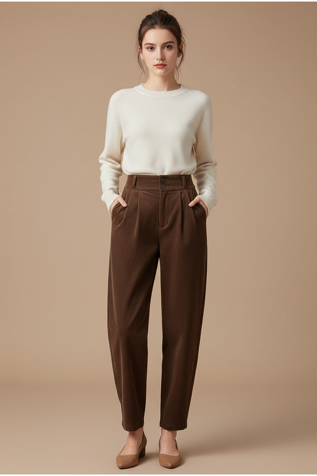 Pantalon Chino Marron Côtelé Plissé Ample Femme - Cordé
