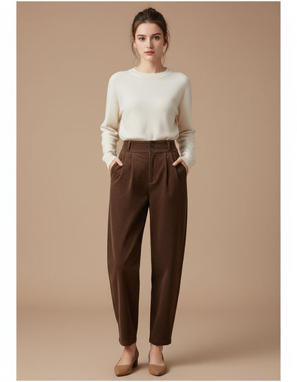 Pantalon Chino Marron Côtelé Plissé Ample Femme - Cordé