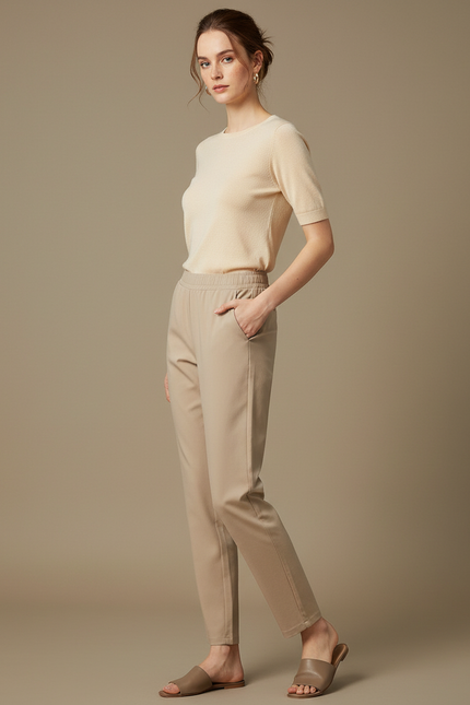 Pantalon Chino Beige Droit Taille Haute Décontracté Femme - Coton